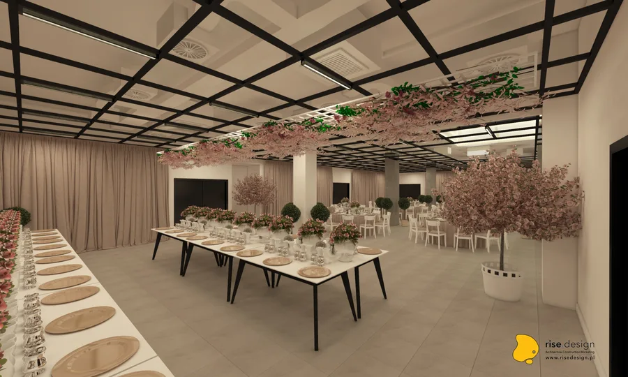 Detail: restaurant entrance area render with upholstered bar stools at the Statuario marble counter, tropical leaf wallpaper with toucans and birds of paradise pattern, and dark green painted walls