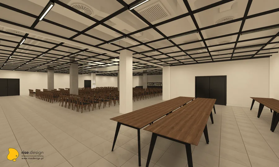 Detail: interior design render showing material specifications and furniture details within the restaurant and event space zones