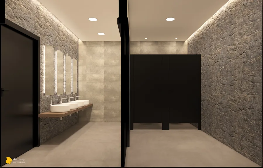 Detail: design render showing bar zone material details with Cognac Oak joinery, marble surfaces, and lighting fixture specifications