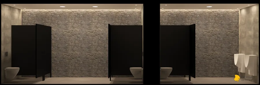 Detail: design render showing restaurant wall treatment details with decorative wallpaper, painted surfaces, and accent lighting