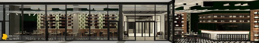 Drawing: panoramic lobby render with Cognac Oak wall panel surround, Statuario marble reception counter, black pendant light, steel-framed glass partitions, and performance stage visible beyond