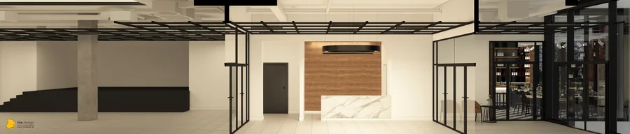 Drawing: panoramic lobby entrance render with expanded metal mesh ceiling grid, steel-glass partitions to event hall, leather armchairs, patterned tile floor, and hotel-lobby atmosphere