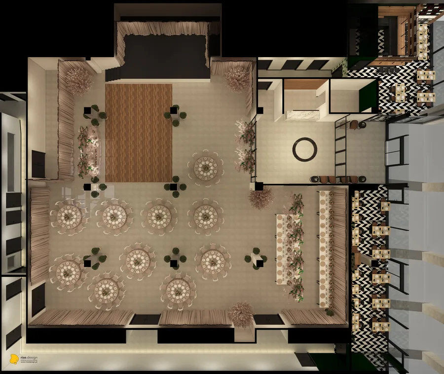 Drawing: bird's-eye banquet plan render showing round MDD tables, upholstered banquette seating, performance stage with curtains, and the restaurant zone with black-and-white chevron floor pattern