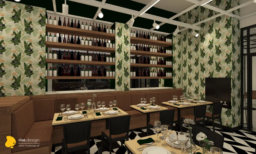 Interior: panoramic exterior-through-glazing render showing the restaurant interior with upholstered banquettes, tropical wallpaper feature, Cognac Oak wine shelving, and Statuario marble bar counter