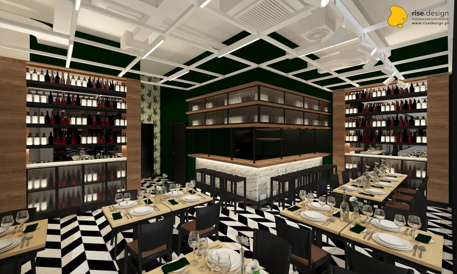Interior: event venue render showing multipurpose hall configuration with dramatic overhead track lighting, concrete column grid, and flexible spatial arrangement