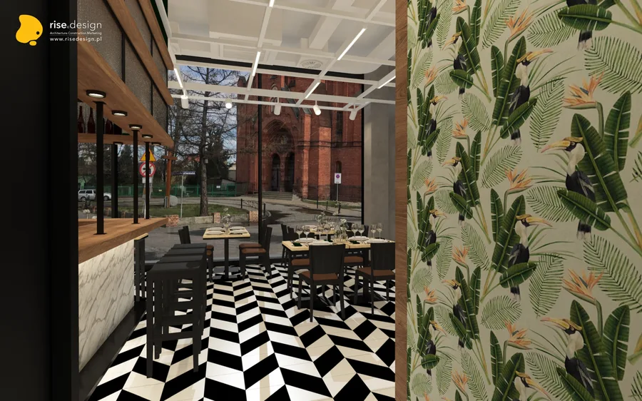 Interior: restaurant bar view render showing the full Statuario marble bar counter, fluted glass display shelving, dark green painted walls, and black-and-white chevron floor pattern throughout