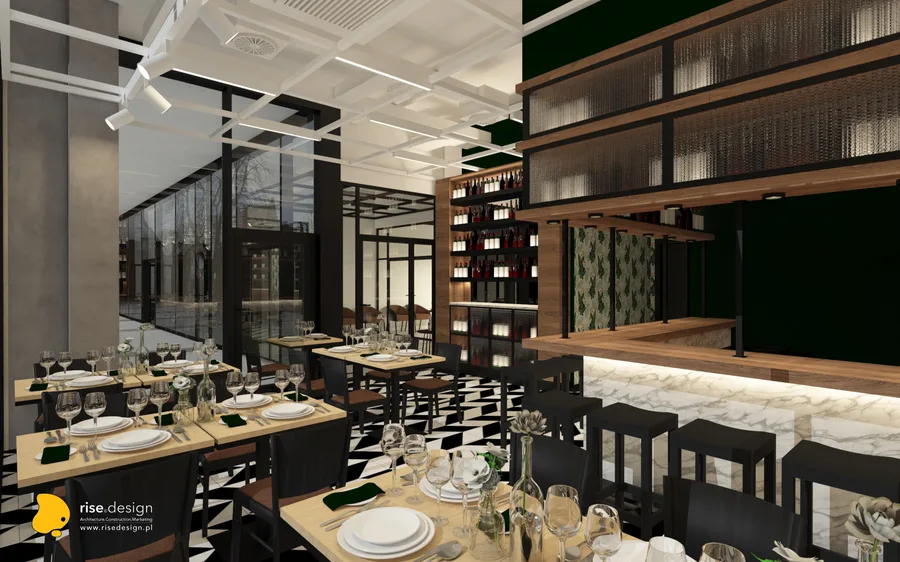 Interior: event venue render showing spatial configuration with Komandor glazed sliding partitions, natural light from clerestory skylight, and multipurpose floor arrangement