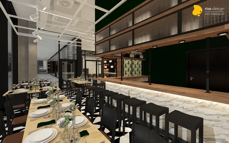 Interior: lobby reception render with Statuario marble counter, Cognac Oak feature wall, circular pendant light, and full-height glazing with historic red-brick Prussian building visible across the street