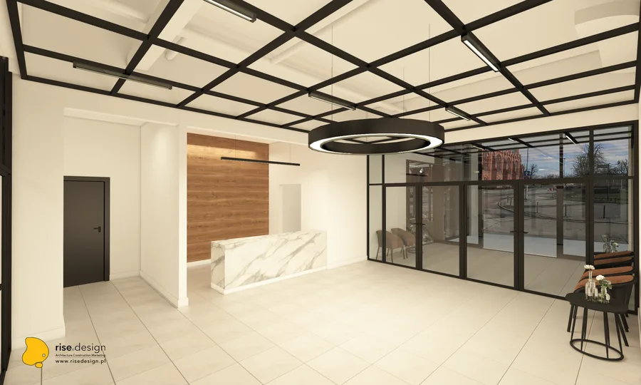 Interior: conference configuration render from audience perspective facing the stage with Fameg A-1302 chairs arranged in rows, Komandor glazed sliding partitions, and lobby visible through glass walls
