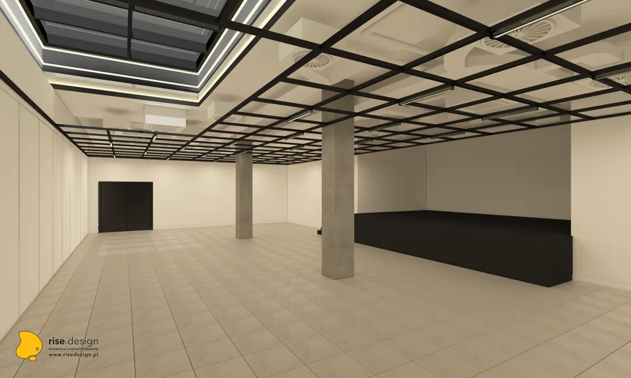 Interior: main hall render with stage steps, dramatic sunlight pattern cast on floor from the clerestory skylight above, glazed Komandor partitions to restaurant zone, and concrete column rhythm framing