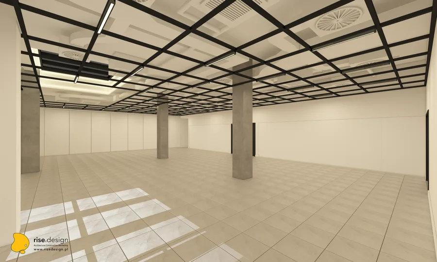 Interior: event space render showing additional configuration variant with the flexible multipurpose layout and premium hospitality material palette
