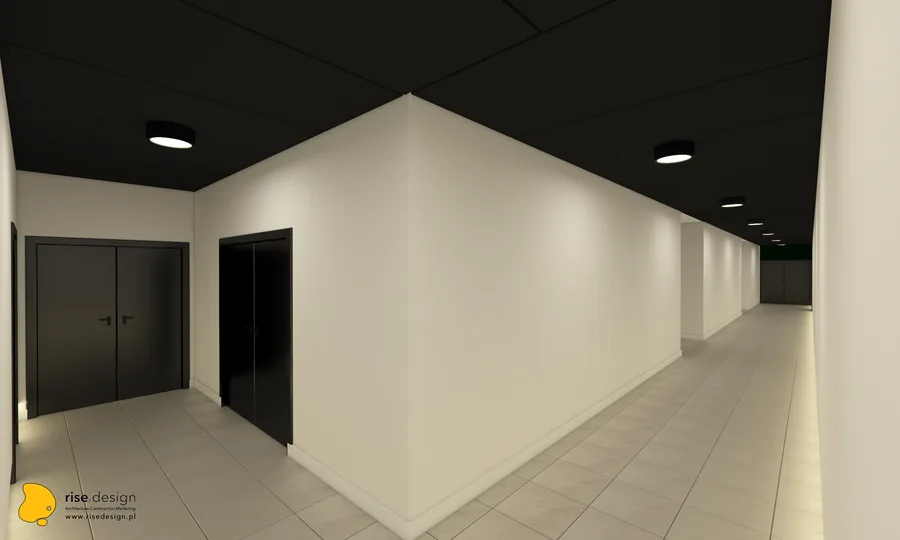 Interior: venue render showing the spatial volume with overhead track beam system, expanded metal mesh ceiling, and event-ready configuration