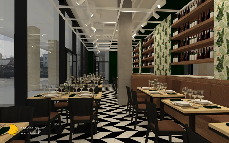 Interior: main hall concert configuration render with dramatic black powder-coated track beams, 541-panel expanded metal mesh ceiling, glowing clerestory skylight, concrete columns, and performance stage