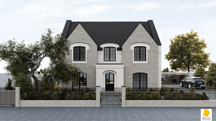 Exterior: Version 1 rear garden perspective showing dark metal terrace furniture, concrete sunken lounge pit, ornamental wrought-iron fence on brick and white base, and dark metal pergola structure