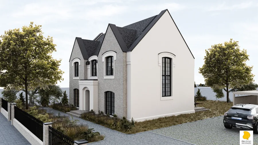 Exterior: Version 2 rear garden perspective showing rattan and wicker terrace furniture, timber sunken lounge with white cushions, and neighbouring house visible in background