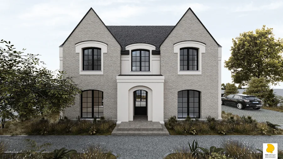Exterior: Version 3 rear elevation showing brick accent band around ground floor glazing with industrial steel frames, white concrete sunken lounge, and naturalistic planting