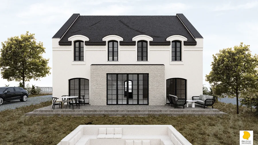 Exterior: Version 1 street perspective showing full grey brick facade variant with dark graphite window frames, ornamental wrought-iron fence on brick base, and formal hedging