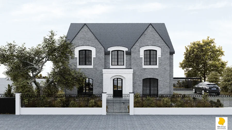 Exterior: Version 2 street perspective showing white render with warm oak window frames creating Scandinavian-inspired palette, wrought-iron fence with white masonry pillars