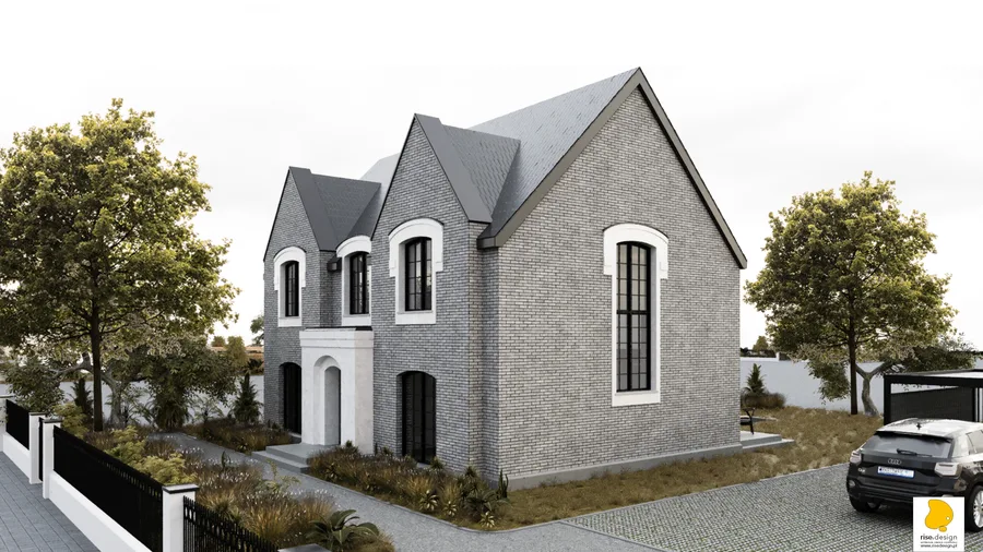 Exterior: Version 3 street perspective showing hybrid mix of beige grey brick panels and white render with dark graphite windows, brick-clad fence base matching house accent bands