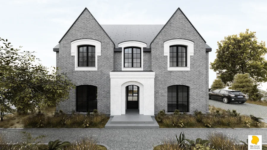 Exterior: Version 1 garden view showing dark metal lounge furniture around concrete sunken pit, grey brick facades, dark window frames, and ornamental wrought-iron fence