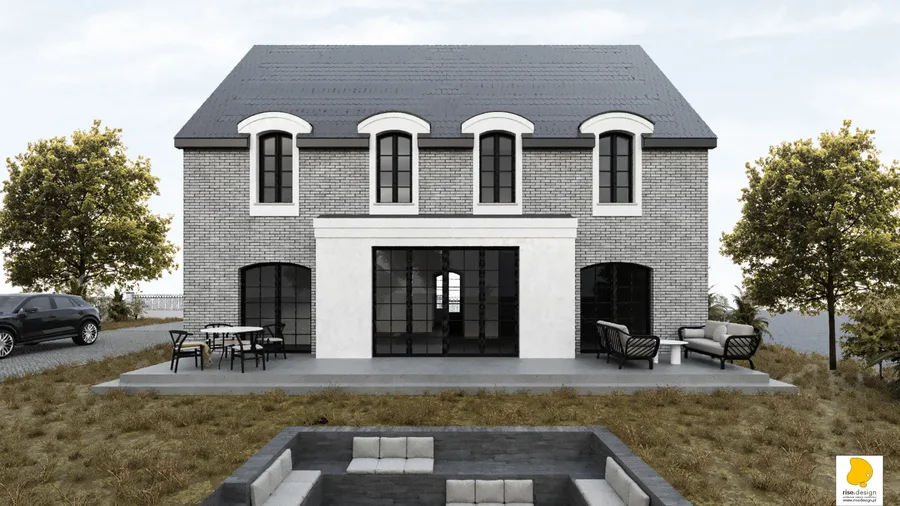 Exterior: Version 2 garden view with rattan terrace furniture, wooden sunken lounge, white cushions, timber pergola screen, and neighbouring house context visible beyond fence line