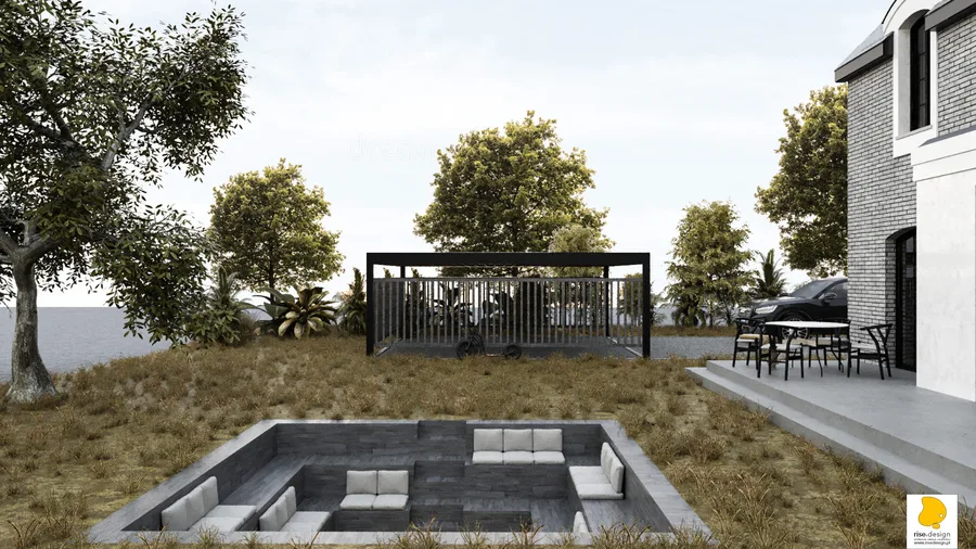 Exterior: Version 3 garden view showing brick accent details around rear glazing, white concrete sunken lounge seating, naturalistic ornamental grass planting, and modernized exterior palette