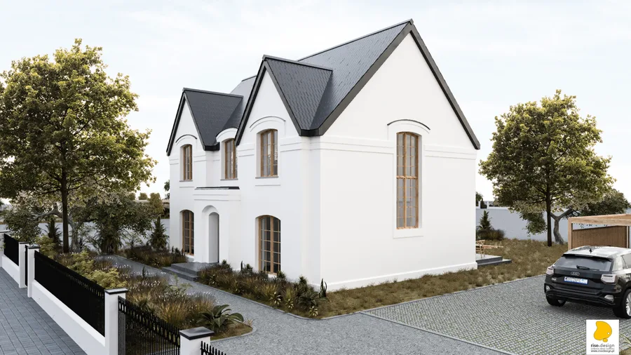 Exterior: rear garden elevation with full-width terrace, arched windows, hip roof with multiple dormers, and garden lawn with landscaped planting beds