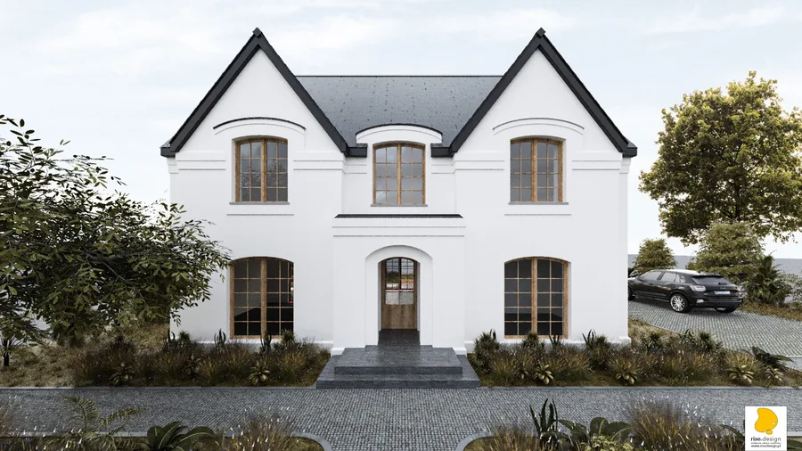 Exterior: front facade perspective showing white silicone plaster, graphite hip roof with prominent dormers, classical symmetry, and forest landscape context