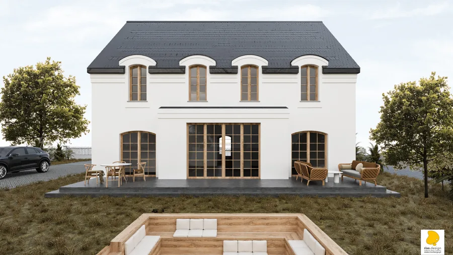 Exterior: garden terrace detail showing outdoor dining furniture arrangement, covered terrace area, and transition from interior living space to garden through large glazed doors