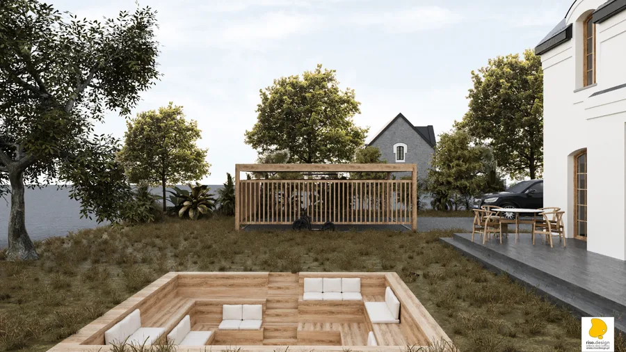 Exterior: carport and entrance approach detail showing driveway paving, open-work carport walls, and relationship between parking area and main entrance