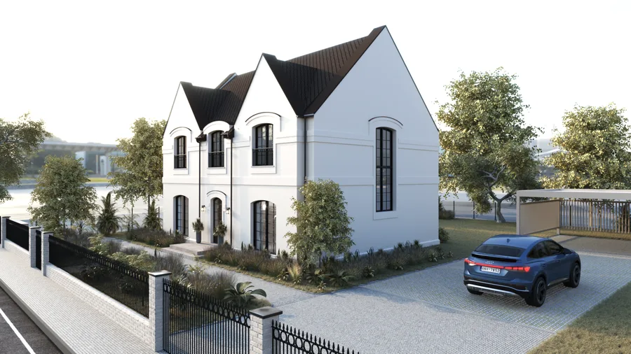 Exterior: Version 1 full brick concept showing grey brick facades with white render central entrance bay only, dark metal pergola with vertical slat screen, and dark concrete sunken lounge in rear garden
