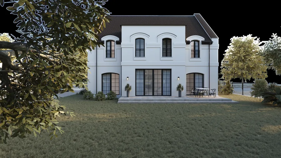 Exterior: front entrance close-up render showing centered entrance with stone steps, arched transom window, wall sconces, decorative planting, and two hip-roof dormers above