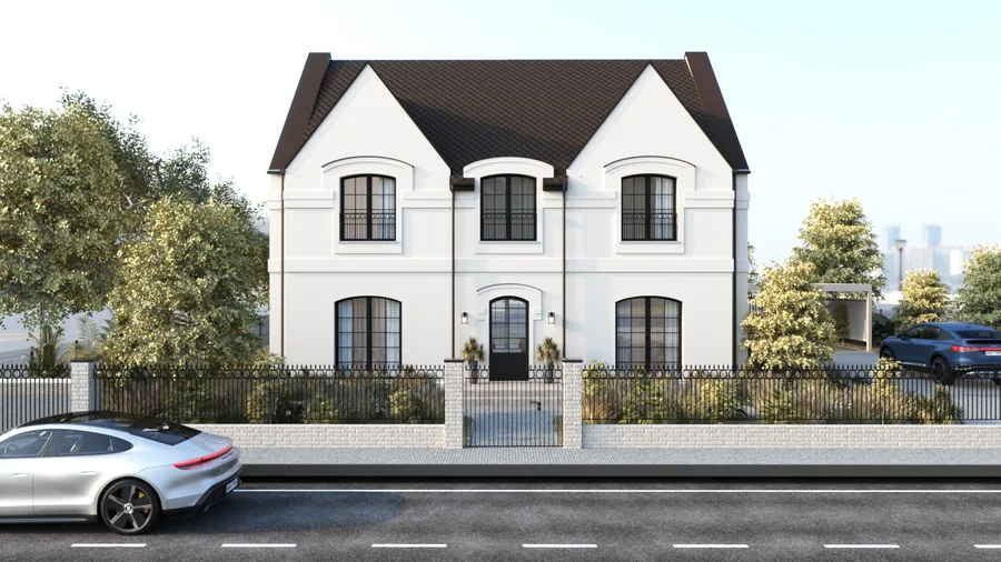 Exterior: aerial perspective showing complete building footprint with multi-pitched hip roof, dormers, carport, covered terrace, and 918 square metre wooded plot in suburban context