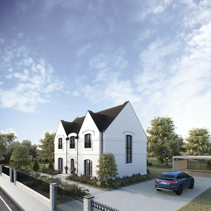 Exterior: south-west corner perspective with white silicone plaster facade, graphite hip roof, two prominent dormers with arched windows, wrought-iron fence, carport, and mature trees