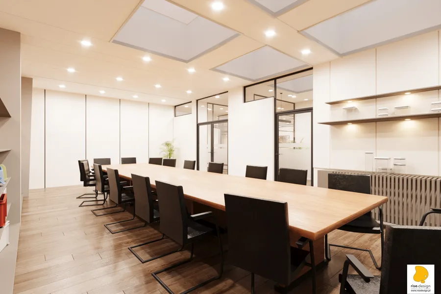 Conference room render with long timber table, grey office chairs, AV screen wall, Ecophon acoustic ceiling panels, black glass partitions, and pendant lighting