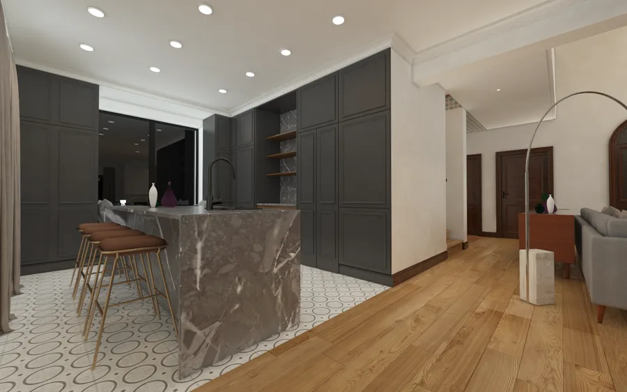 Detail: white marble fireplace surround render with classical decorative moulding profile set within the double-height living room, walnut herringbone oak flooring and warm plaster walls framing the feature