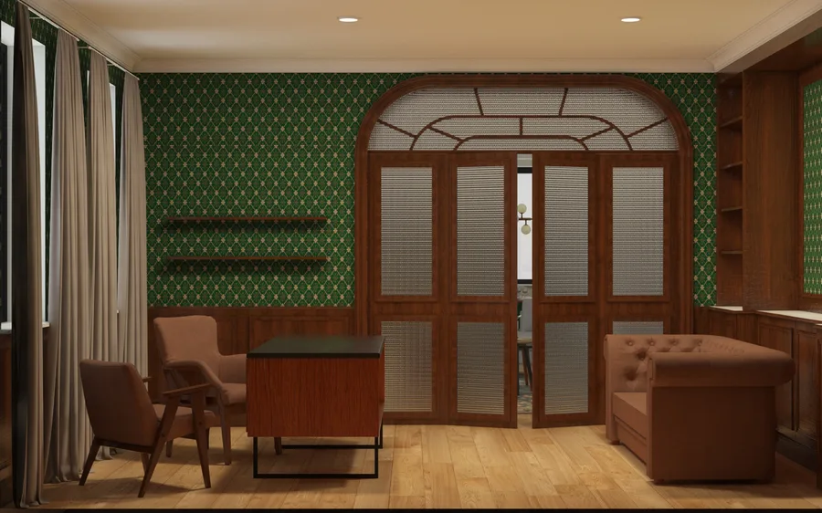 Detail: walnut-framed Art Deco arched glass partition doors close-up render showing the library entrance with green diamond wallpaper visible beyond and built-in bookshelf wall flanking the opening
