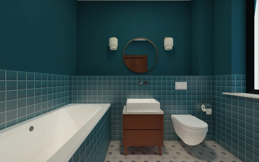 Detail: sage green master bathroom front elevation render showing the full material specification with Verde Karzai green marble feature wall, walnut floating vanity cabinet, and backlit mirror niche