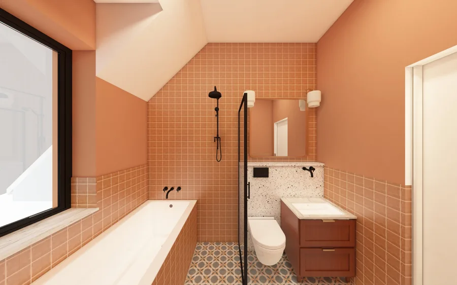 Interior: architectural render showing room design with warm material palette, oak flooring, and contemporary furnishings within the classical-contemporary house interior