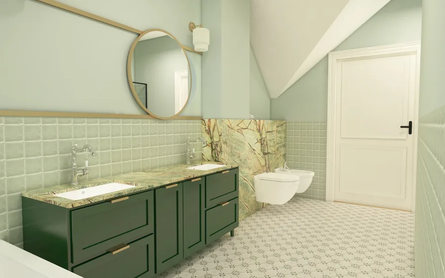 Interior: architectural render showing spatial volume and interior design treatment with furniture layout and material specifications for the private residence