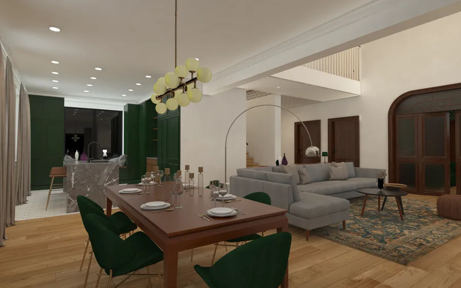 Interior: room render showing interior design composition with herringbone oak floor, plaster walls, and contemporary residential furnishings