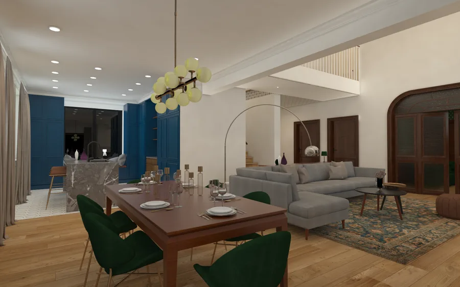 Interior: room render variant showing alternative camera angle of living space with walnut joinery elements and warm lighting atmosphere