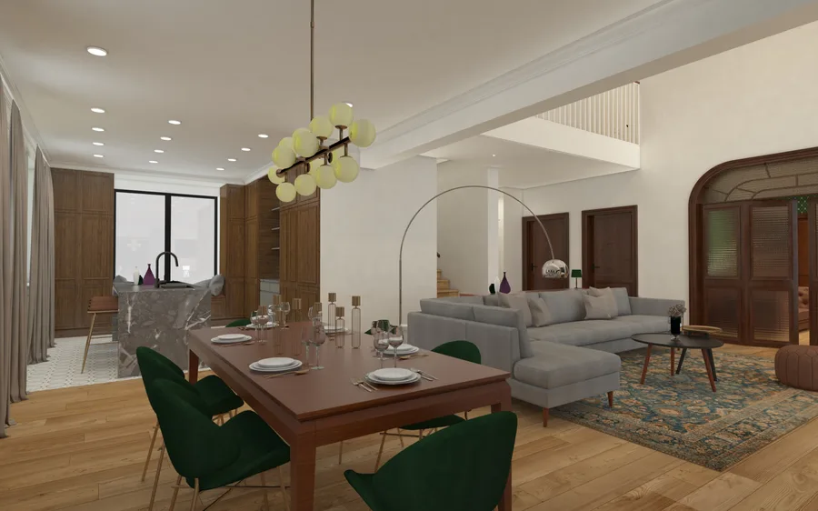 Interior: room render showing primary living area with double-height volume, natural daylight, and the classical-contemporary material palette