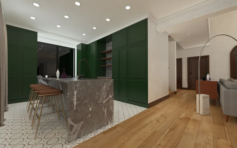 Interior: room render showing spatial composition from secondary camera position with furniture, timber elements, and interior finishes