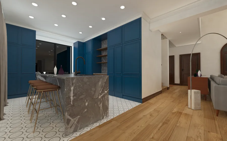 Interior: room render variant showing refined material details and lighting conditions across the ground floor interior zones