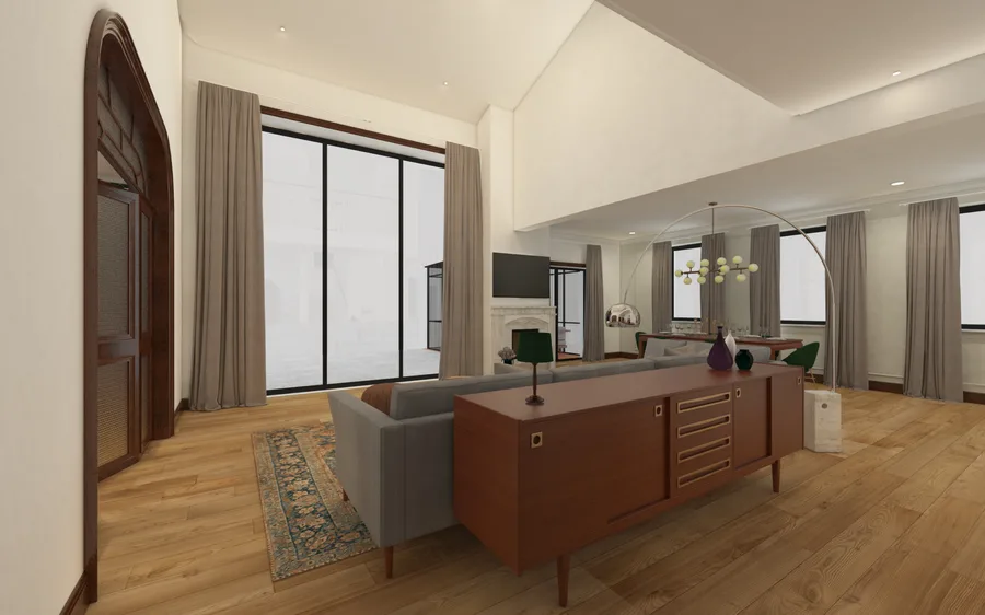 Interior: double-height living room render from behind the sofa showing full ceiling height, walnut mezzanine gallery above, oak-tread glass-balustrade staircase, and Art Deco library doors beyond
