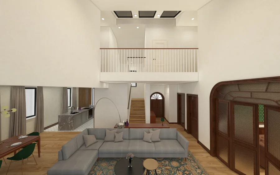 Interior: walnut library render with green diamond wallpaper, Art Deco arched glass partition doors, floor-to-ceiling built-in bookshelves, leather reading chair, and warm pendant lighting