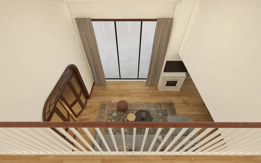 Interior: double-height living room render facing the staircase with walnut-tread mezzanine gallery, glass balustrade, and glass orangery conservatory connection visible through the archway