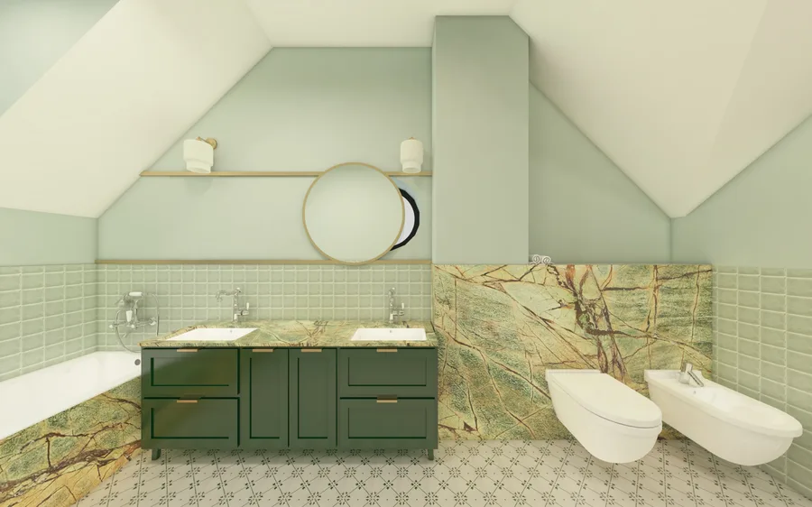 Interior: sage green master bathroom render with dramatic Verde Karzai green marble feature wall, freestanding bathtub, glass shower partition, walnut floating vanity, and brass hardware accents