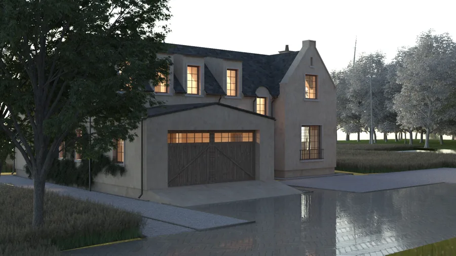 Exterior: driveway render at dusk with atmospheric reflection pool effect on wet paving showing the beige plaster house facade, barn-style timber garage doors, and warm evening sky